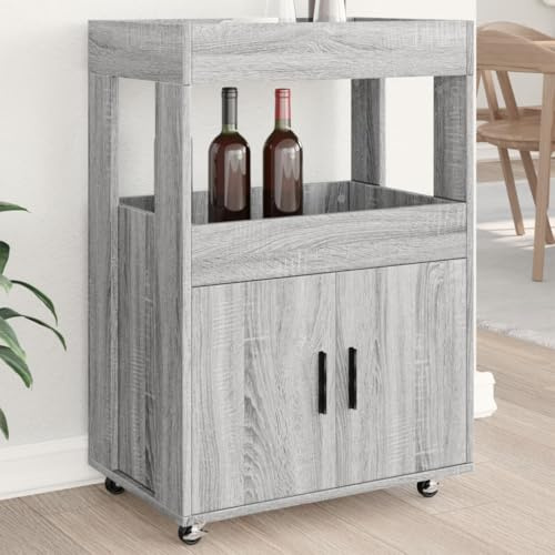 QJBSAVVA Barwagen Grau Sonoma aus Holzwerkstoff mit 2 Regalböden und Rollen für Küche, Wohnzimmer und Esszimmer