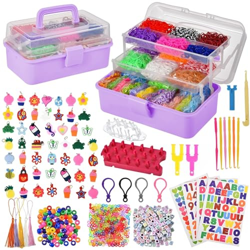 Tuilful 18000+ Loom Band Kit - 30 Vibrant Colors Loom Bands, Bracelet Making Set with Charms, Tools & 3-Layer Pink Storage Box – DIY Arts & Crafts Gift for Girls & Boys (Purple)