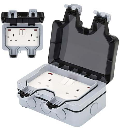 IP66 Weatherproof Outdoor Double Socket with Switch & Lockable Cover, 13A 3000W Garden Patio Electrical Outlet, Waterproof Dustproof Wall Power Socket (grey)