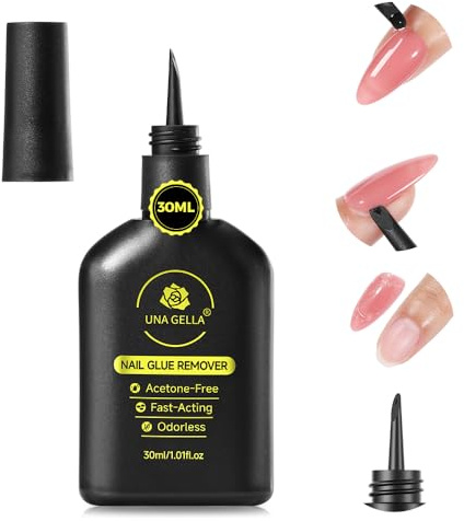 UNA GELLA Press On Nail Glue Remover Built-in-crowbar 30ML Acetone-Free Gentle Soak Off Gel Nail Glue Polish Remover for Nail Tip Adhesive Glue Easily Home DIY Not for U/V Nail Polish