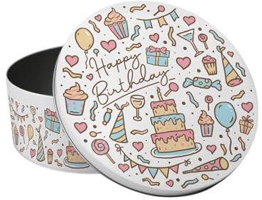 Purely Home Happy Birthday Cake Tin - Kitchen Bakeware Birthday Party Gifts - Small Round Metal Storage Container for Baking 18 x 7cm