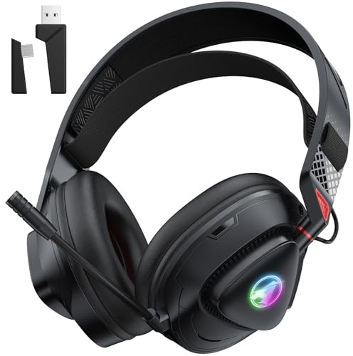 Awinnasey PH3 Casque de jeu sans fil pour PS5, PS4, PC, casque Bluetooth avec 50 heures de batterie, micro antibruit, lumière RVB, rouge foncé