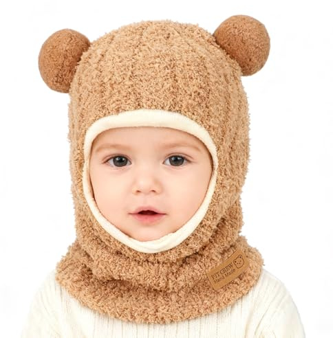 AYPOW Vintervarm balaclava mössa för barn, multifunktionshattar, fleecehalsduk, termisk vindtät, stickad halsduk, öronskydd, huva, dubbel pompong, Kaki-a, One size
