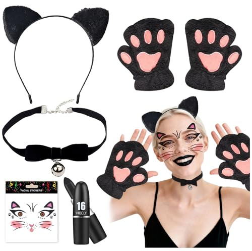 5 Stück Katzenkostüm Damen Accessoires, Katze Cosplay Set, Katzenohren Haarreif, Katzen Sticker, Schleife Halsband, Lippenstift und Katzenklauen Handschuhe, für Karneval Halloween Katzen Kostüm Damen