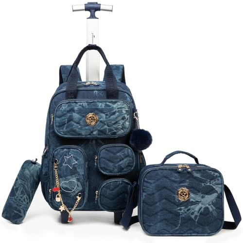 Egchescebo Kinder Rucksack mit Rollen für Mädchen die Schule Mehrere Fächer Canvas-Material Koffer Schultrolley Komplett Lunchbag Federmäppchen Geeignet Grundschüler Jugendliche 8-12 Jahre Alt Blau
