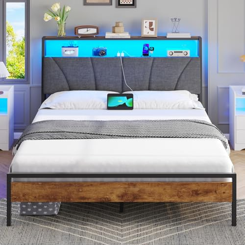 Brinlawb Small Double Bed Frame with Charging Station (2 AC Sockets, 1 USB‑A, 1 Type‑C Port) and LED Lights, 120x190 cm Stable Metal Bed Frame with Upholstered Headboard & 2-Tier Open Storage Shelves