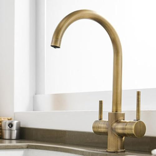 3 Way Kitchen Tap Double Handle 360° Swivel Brass Kitchen Sink Mixer Tap-Antique