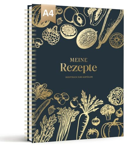 BIROYAL Rezeptbuch zum Selberschreiben A4, 102 Rezepte, Marineblau | 120g Papier, A4-Format, mit Umrechnungstabelle & Saisonkalender Obst & Gemüse, Kräuterführer, für Hobbyköche & Backliebhaber