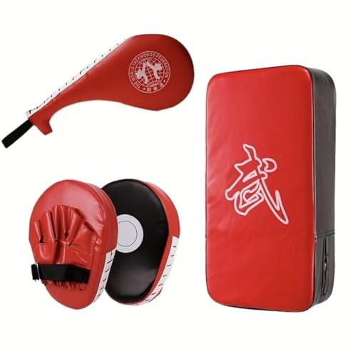 Alpas PU Leder Schlagpolster Set 2 × PU Schlagkissen und 1 Paar PU Handpratzen Pratzen für Kampfsport, MMA, Muay Thai, Karate, Taekwondo, Kickboxen & Boxen - Rot