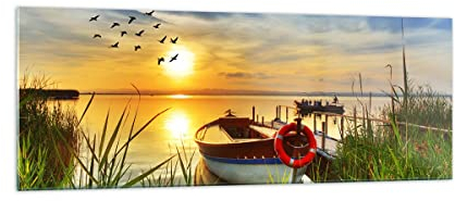 Panorama Bilder auf Glas Boot See Sonnenuntergang Sommer Menschen Glasbild 140x50cm Wandbilder Dekoration Wohnzimmer Schlafzimmer Küche Groß XXL Wanddeko Wand Kunstdruck Art Modern GAB140x50-3053