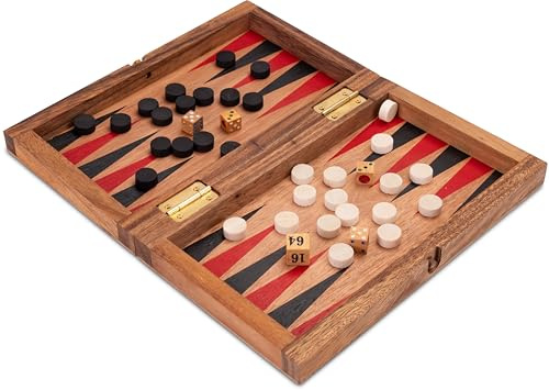 LOGOPLAY Backgammon + Dame - Juego de mesa de madera con tablero plegable (31 x 25 cm), color rojo y negro