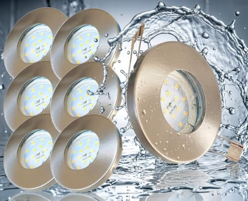 Trango 6er Set 6729IP-062MO Einbaustrahler IP44 aus Edelstahl gebürstet inkl. 6x 3000K warmweiß Ultra Flach LED Modul für Bad, Dusche, Einbauspots, Deckenstrahler, Deckenlampe, Badleuchte