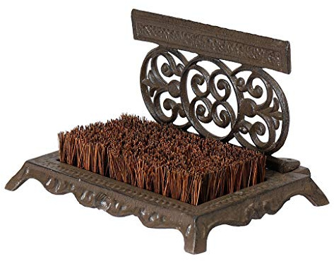 Cast Iron Boot Brush - Brown Coir Bristle Vintage Shoe Scraper (BZ88) | Recycled Metal, Sustianably Sourced Coir Bristles, Weighted, Ornate Shoe Scraper Top