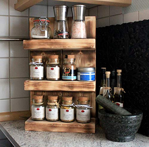 Dekorie Gewürzregal aus Holz - für die Wand oder stehend - Geflammt - 3 Stellflächen - 48 x 29 x 12 cm - Massivholz