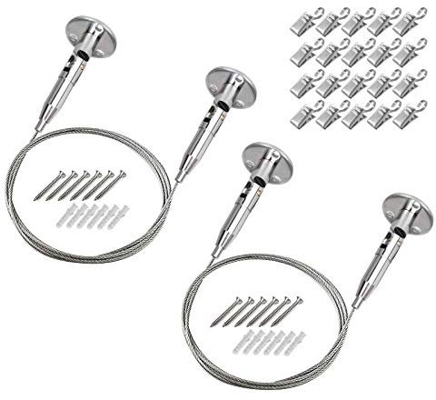 OTTFF 2 Pack 6.5 ft Stainless Steel Suspension Hanger Cable, Adjustable Wire with 20 Clips for Hanging Photos, Picture, Kids Art Wall Decor Load 66 lbs