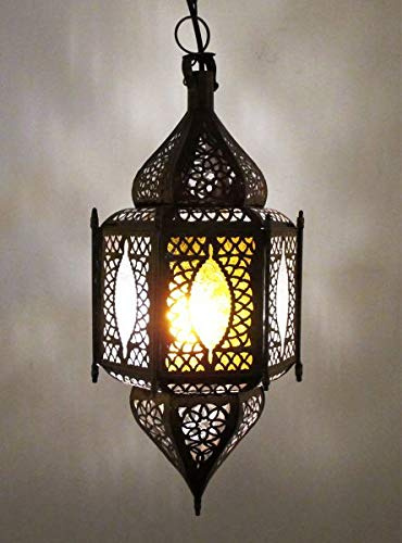 Saharashop Orientalische Hängelampe Koutoubia Orange-Weiß, mit Aufhängekette Baldachin und E27 Lampenfassung, Schöne Dekoration für Wohnzimmer, Küche, Esszimmer, Büro oder Schlafzimmer