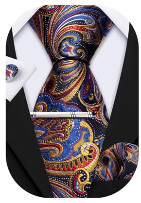 Barry.Wang Herren Krawatte Seide Set Florale Paisley-Krawatte Einstecktuch Manschettenknöpfe im Krawattenklammer Feierliche Hochzeit Party