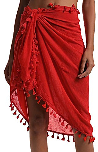 Eicolorte - Paréo de plage semi-transparent pour femme - Jupe courte avec pompons, 014 - Rouge-court, Taille L