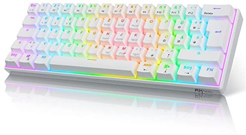 RK61 Mechanische Gaming-Tastatur, 2,4 GHz Wireless/Bluetooth/Wired 60% Mechanische Tastatur 61 Tasten Hot-Swap-fähiger Blauer Schalter mit RGB-Beleuchtung Kompatibel für Win/Mac, Weiß (QWERTZ)