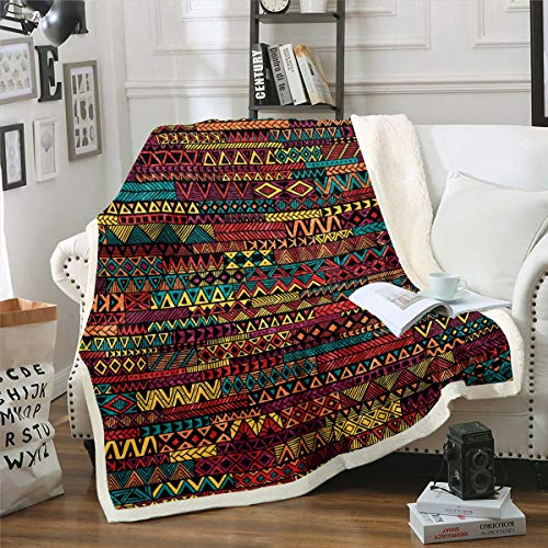Tbrand Boho-Streifen-Geometrie Kuscheldecke 130x150cm Flanell Fleecedecke im böhmischen Stil Exotisches geometrisches Muster für Erwachsene Wohndecke Buntes Stammes-Design Decke