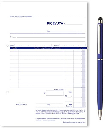 5x Blocchi ricevute sanitarie 50 moduli a (2 copie) non numerate 50x2 autoricalcante dimensione 15x21 cm Confezione 5 blocchetti doppia duplice copia Bollettario + 1 PENNA TOUCH IN OMAGGIO