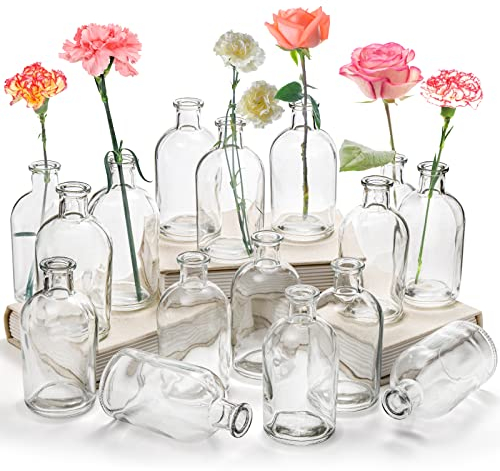 YOUEON 16 Pack Living Bud Vases Clear Glass Flower Vase 8 Oz Decorative Glass Bottles Small Vintage Flower Bottle Table Centrepiece Decoration for Home Wedding Party Event Office Modern Decor Clear