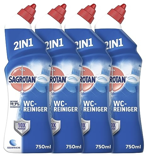 Sagrotan WC-Reiniger Ozeanfrische – 2in1 Reinigungsmittel mit Antischmutzfilm für langanhaltende WC-Frische – 4 x 750 ml