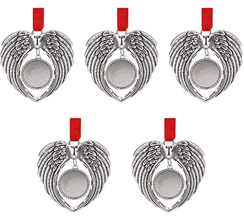 DRYEN 5 x Gedenk-Weihnachtsschmuck, Engelsflügel, Weihnachtsbaum, Weihnachtsschmuck, Engelsflügel, herzförmiger Fotorahmen, Anhänger für Weihnachtsbaum.