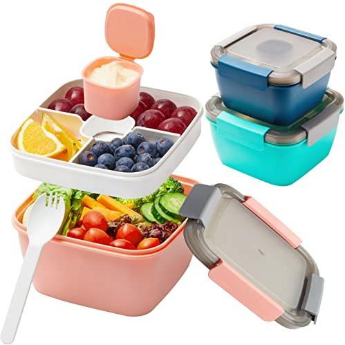 3Stück Bento Box Lunch-Behälter,Auslaufsichere Brotdose Salatbehälter mit 3 Fächer Besteck,Brotzeitbox für Kinder Erwachsene,Brotbüchse für Mikrowellen und Spülmaschinen 1500ML/1100ML Wiederverwendbar