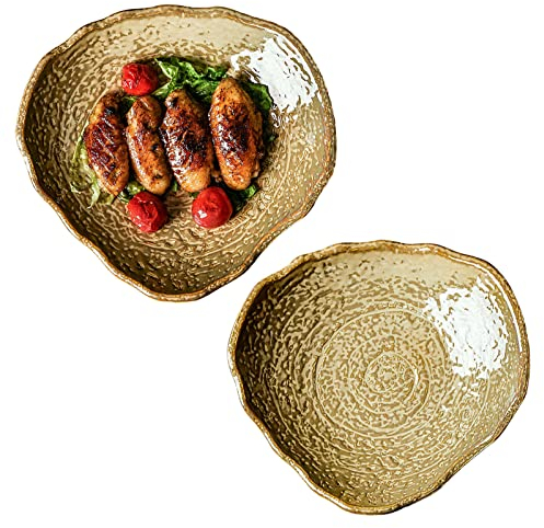 BOSUGE 2er-Set, Dreieckige Nudelsalat-Servierschüssel, Tiefe Suppenteller, Große Flache Schüssel, Salatteller Große Servierschüssel Aus Keramik, Poke Bowl-Gelb-24x23x4,5cm