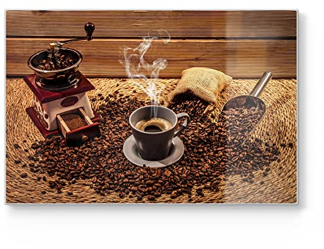 DEQORI Schneidebrett aus Glas | groß 30x20 cm | Motiv Von der Bohne zum Kaffee | Design Schneideplatte für Küche | Frühstücksbrett antibakteriell & rutschfest | Glasplatte & Servierplatte