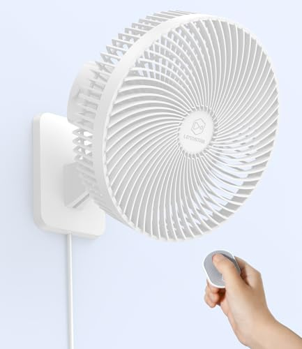 LEMOISTAR - Ventilatore da parete da 10 pollici con telecomando, oscillazione a 90°, 4 velocità, 4 timer, inclinazione regolabile, cavo da 70 pollici, silenzioso, per camera da letto, garage, (bianco)