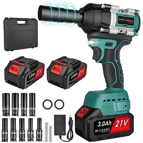 Avvitatore a Impulsi Brushless 1/2'' 500 Nm: Chiave a percussione con 2 Batteria 3.0Ah, 3300 RPM, 9 Prese,Set di Avvitatori Ad Impulsi a Batteria per Auto di Famiglia