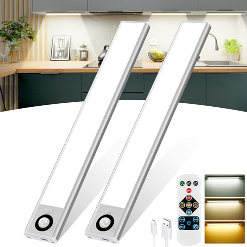 QNUJN Under Cabinet Kitchen Lights, 72 LED Motion Sensor Lights Indoor, 2200mAh Type-C Rechargeable, 3 Color Temperature Dimmable, 30cm Night Light with Remote for Cupboard, Closet, Stairs, 2 Pack