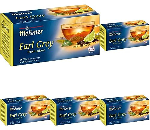 Meßmer Earl Grey (aromatisiert) | frisch-pikant | 25 Teebeutel | Vegan | Glutenfrei | Laktosefrei (Packung mit 5)
