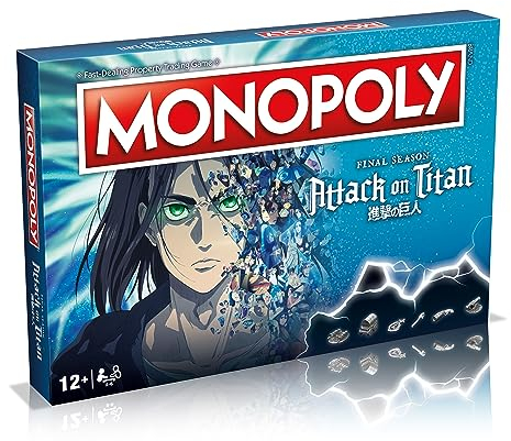 Winning Moves Attack on Titan The Final Season Monopoly Board Game, buy Eren Jaeger, Colossal Titan, Gabi Braun, Yelena and trade your way to success, makes a great gift for ages 12 plus