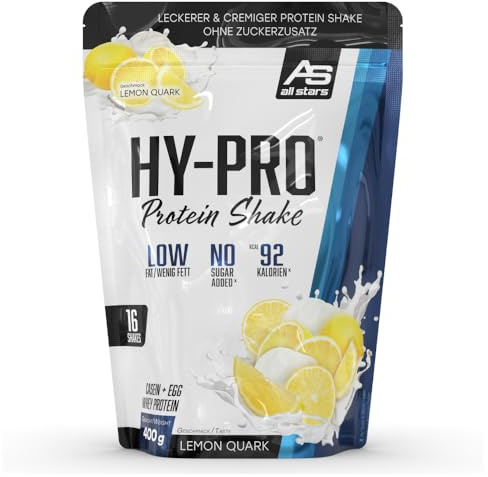 ALL STARS Hy-Pro 4-Komponenten Protein Pulver 400g Lemon Quark | Proteinpulver ohne Zuckerzusatz, Cremiger Shake mit 30,5g Eiweiß pro Portion, 4 hochwertige Proteinkomponenten fürs Training