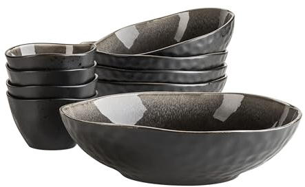 MÄSER 934072 Serie Niara Organic - Set di ciotole moderne per 4 persone, in stile vintage, 9 pezzi, con particolare combinazione di smalto in nero e marrone, in gres