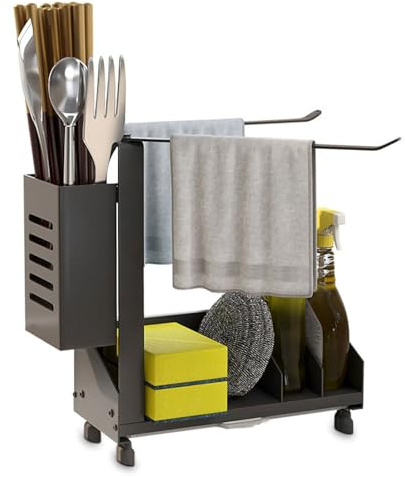youjia Spülbecken Organizer Schmal Edelstahl Sink Organizer Hängend mit Handtuchhalter Abflusspfanne Stäbchenhalter Spüllappenhalter Schwammhalter Lappenhalter Küchen Zubehör