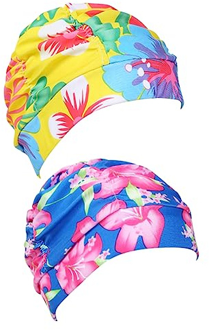Happyyami 2 Stück-Pack Plissierte Badekappen Damen aus Stoff Komfortabel und Allergisch Modischer Faltenstil zum Schwimmen mit Langem und Kurzem Haar Zufälliger Stil