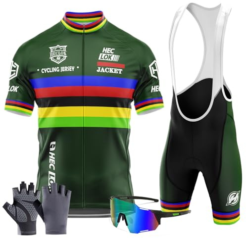 Herren Radtrikot Set Kurzarm Fahrradtrikot,und mit 9D-Gel-gepolsterten Shorts Radfahren MTB，Atmungsaktives Sommer Kurzarm-Bike-Shirt， Outdoor Sport＋Radsport Handschuhe Brillen (TYP-5,M)
