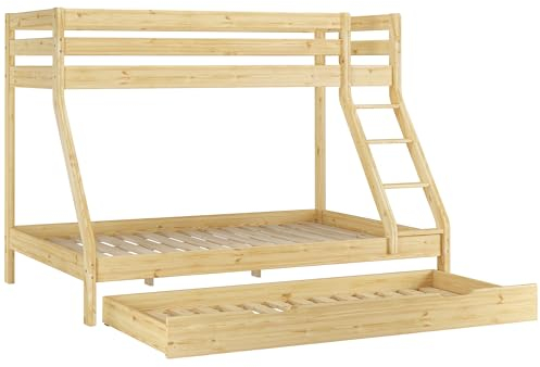 Erst-Holz®Doppel-Etagenbett 140x200 und 90x200 Erwachsenen-Stockbett Kiefer Zubehör wählbar V-60.19-09-14Rollrost und Gästebettkasten inkl.