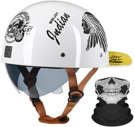 Motorrad Halbhelm Halbschalenhelm Baseballmütze-Helm ECE-Zulassung | Mit Gesichtsschutz Baseball Cap Motorradhelm Mit Schrumpfbare Braune Linsen Schnellverschluss 55-64CM