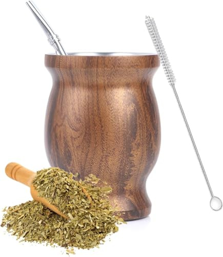 Ruikcoll Taza de mate, juego de tazas de té mate,Vaso Yerba mate de acero inoxidable con pajita de acero inoxidable y cepillo de limpieza, para café,mate, té de frutas(veta de madera)