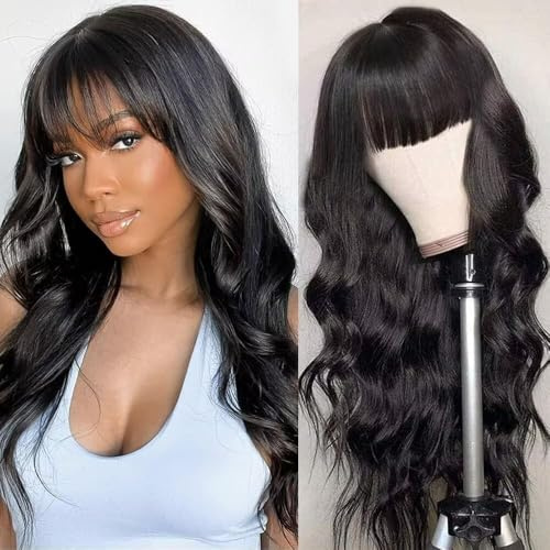 Echthaar Perücke Schwarz Mit Pony Perücke Damen Body Wave Human Hair Wig With Bangs None Lace Front Wig Human Hair For Black Women 150% Dichte 22 Zoll