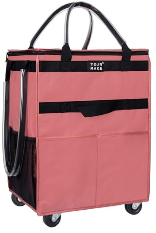 Wiederverwendbare Einkaufstasche auf Rädern, Einkaufstrolley, Rolltasche mit 8 Taschen und Reißverschlussabdeckung, faltbar, robuste Griffe, trägt bis zu 20,9 kg (Medium, Rosa)