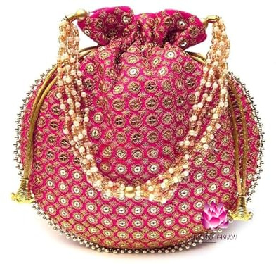 Potli Bag for Women Traditional Indian Ethnic Clutch Round Mirror Embroidery Work Pearls Handle Ethnic Handbag Return Gift for Weddings & Events (Hot Pink)