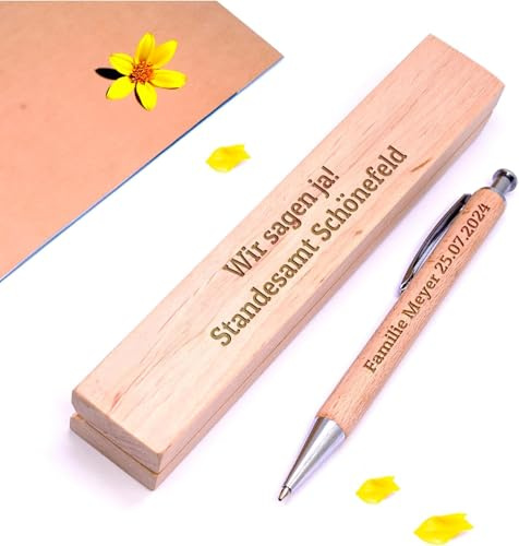 Diamandi Holz-Kugelschreiber mit Gravur inkl. Etui - Personalisiert mit Name oder Spruch - Holz Stift als Geschenk-Idee zur bestandenen Prüfung, Schulabschluss, Geburtstag (Holzstift-Hochzeit)