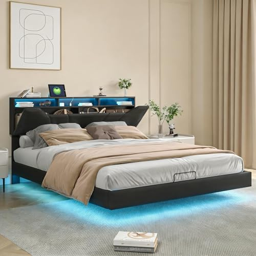 Sängklädsel, 160 x 200 cm, dubbelsäng med USB-laddning och LED-belysning, säng med justerbar stoppad sänggavel, svävande sängram, ungdomssäng, med förvaringsutrymme, PU, svart