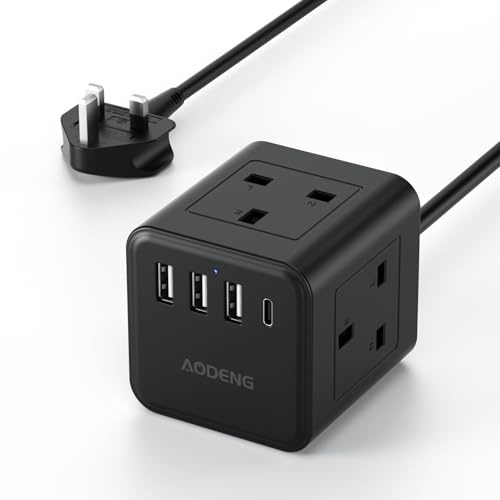 3M Extension Lead with 4 USB Slots, 4 Way (13A/3250W) Multi Plug Extension Cable, UK Desktop Power Extension Cord with Multi Socket, Extension Cable
